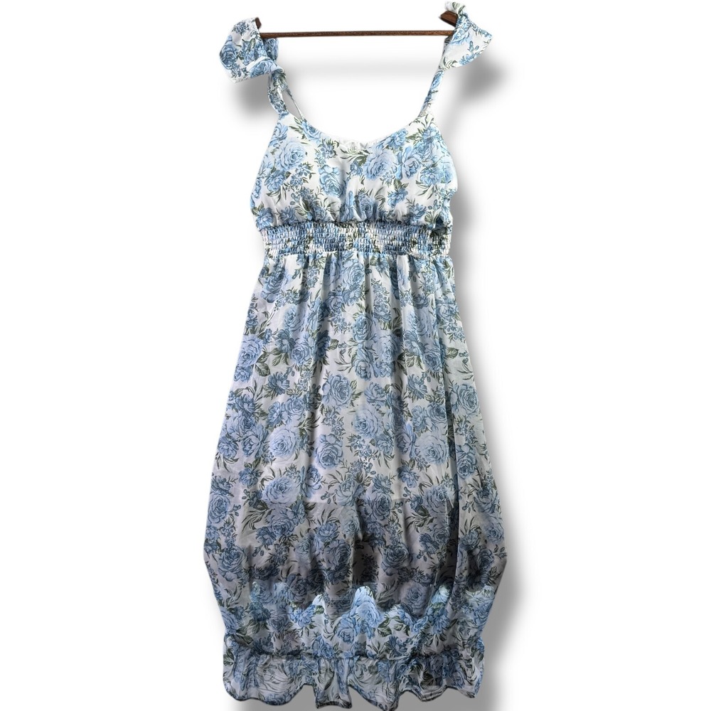 No Boundaries Blue Floral Hi Low Dress Juniors Large 11-13 Smocked Waist NEW